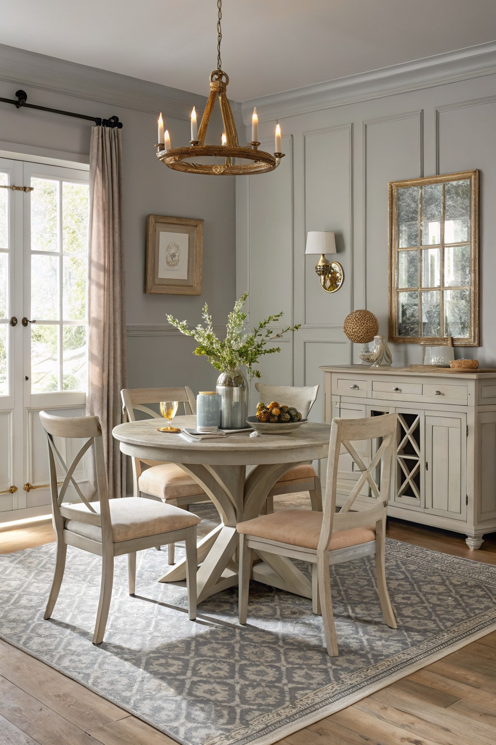 Cozy dining room featuring soft greige walls, a round pedestal table with upholstered chairs, wooden buffet, and warm brass lighting