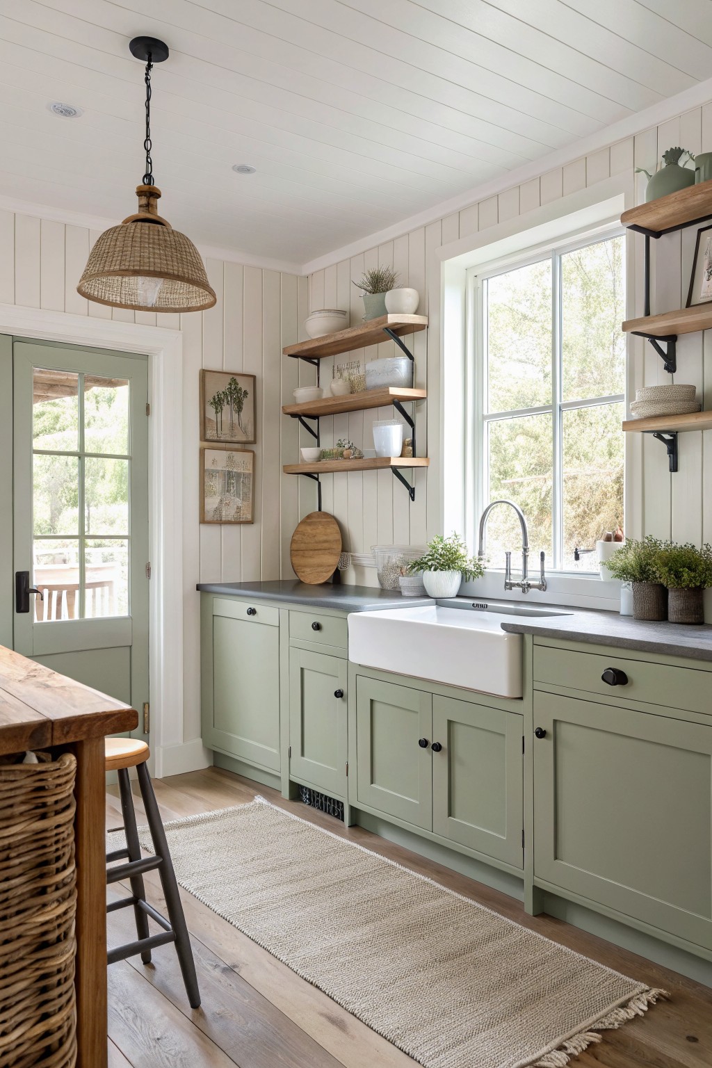 Cozy kitchen featuring soft sage green cabinets, white shiplap walls, farmhouse sink, wooden island, and rattan pendant light