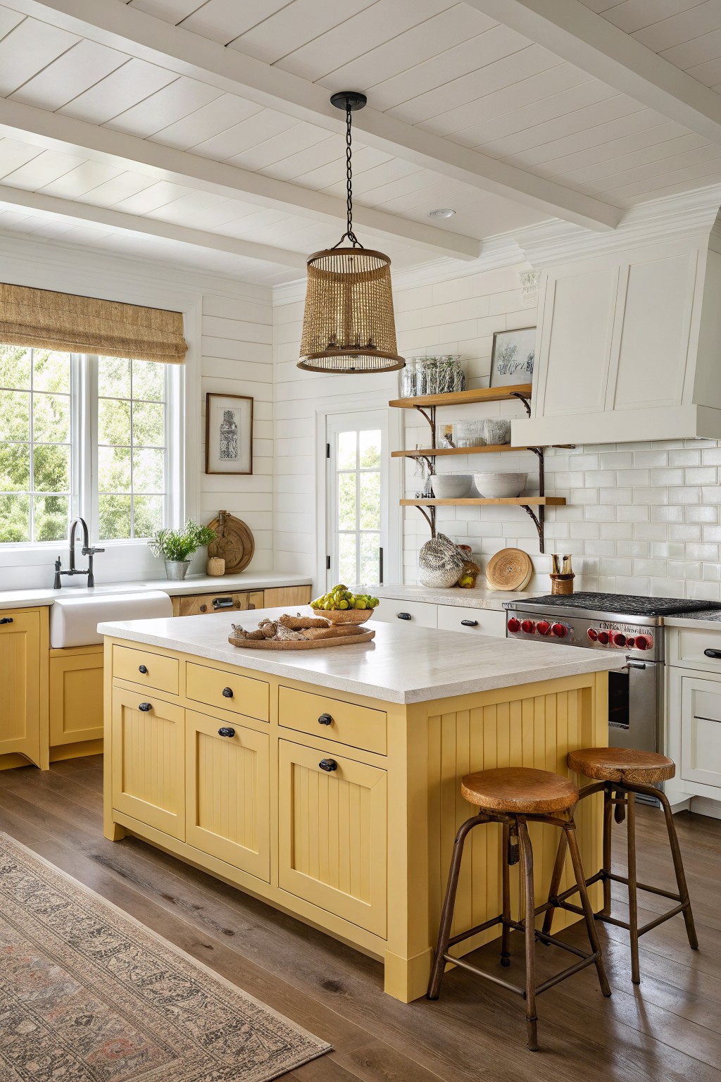 Cozy kitchen featuring sunny yellow beadboard island cabinets, white upper cabinets, farmhouse sink, and rattan pendant light over hardwood floors