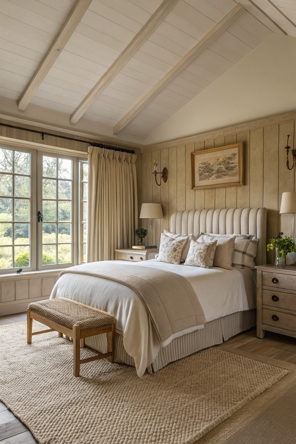 Cozy bedroom with warm greige paneled walls, white ceiling beams, large windows, tufted bed, and wood furniture