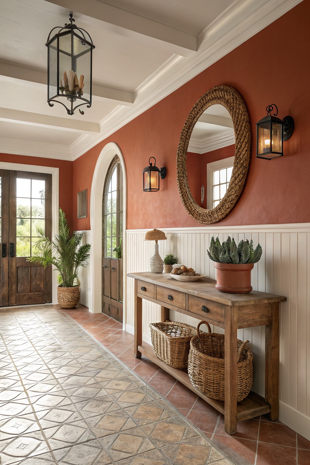 Warm terracotta walls in a cozy entryway with wooden console, rattan mirror, and potted plants