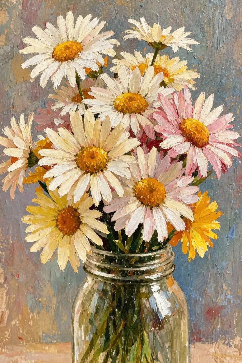Oil painting of mixed white, pink, and yellow daisies in a glass mason jar on a surface against a textured blue-gray background.