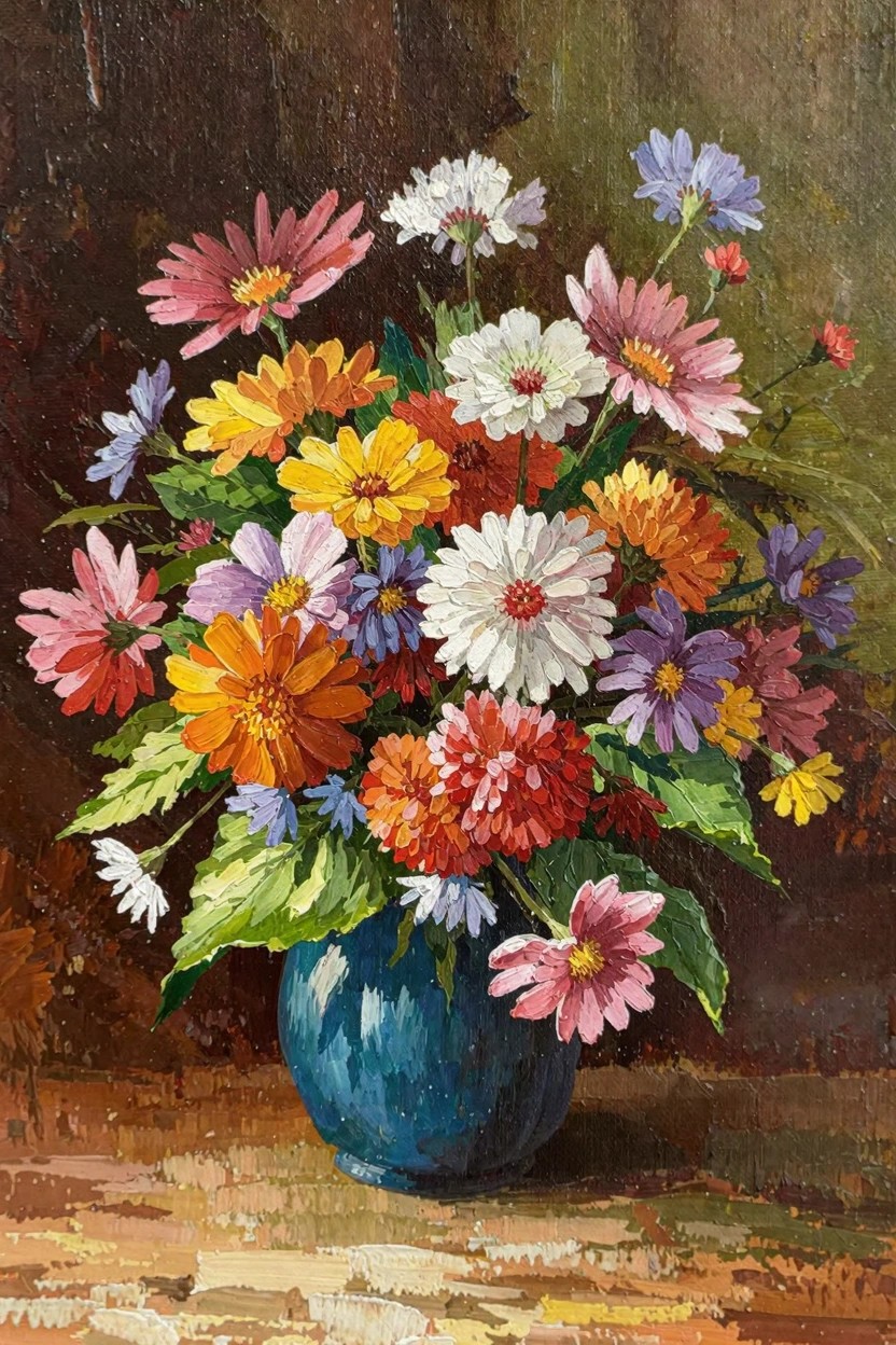 Oil painting of multicolored daisies in a blue vase on a wooden surface with a dark background.