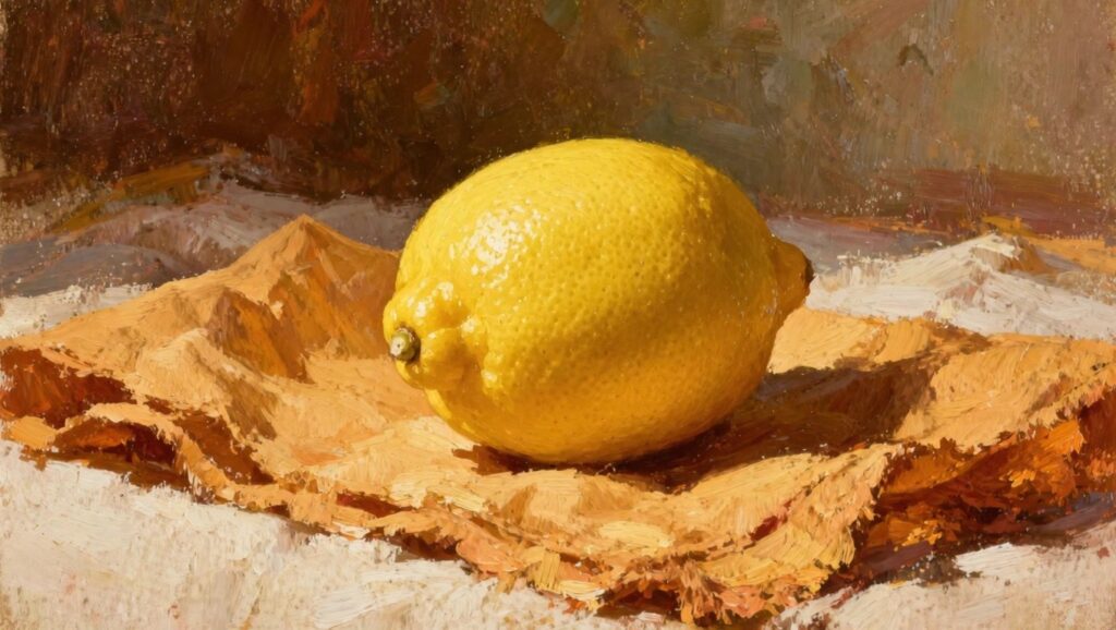 21 Lovely Simple Oil Painting Projects That Actually Work Oil painting of a yellow lemon on orange fabric with textured brushstrokes, warm lighting, and blurred background.