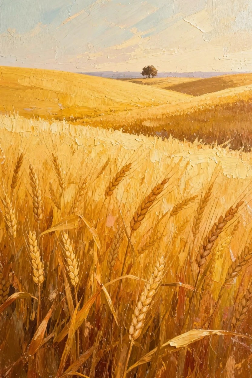 Oil painting depicting golden wheat fields in rolling hills under a partly cloudy sky with a single tree on the horizon.