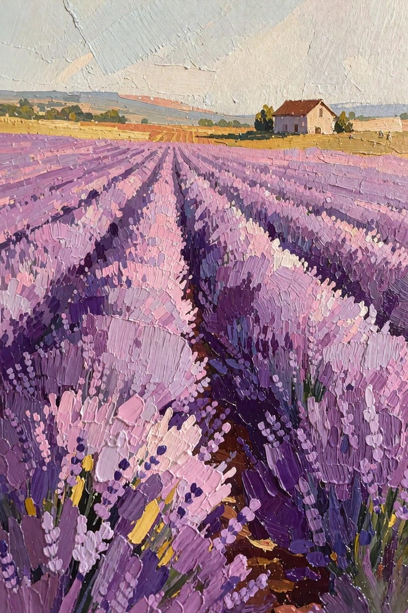 Oil painting of purple lavender fields in straight rows extending to a beige house with red roof on a hill, surrounded by yellow fields, green trees, distant hills, and a cloudy sky.