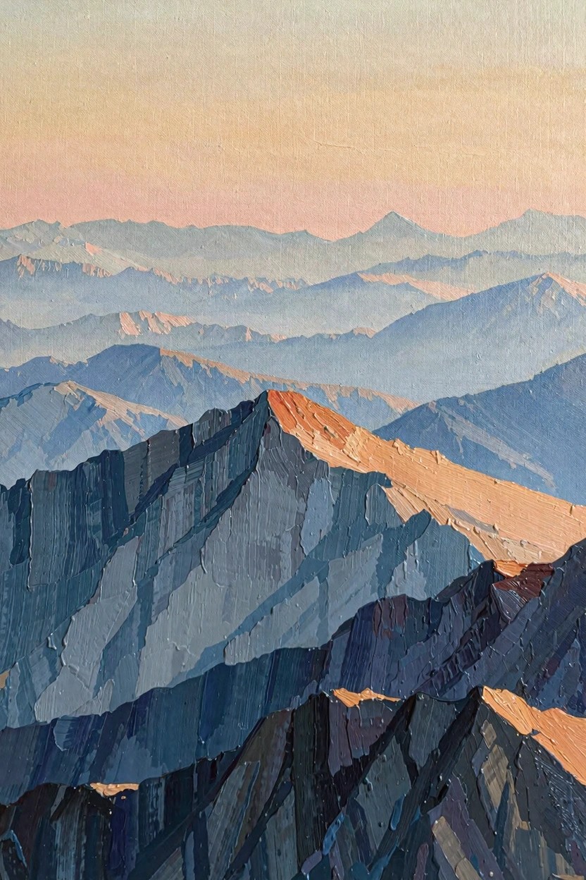 Oil painting of textured blue-gray foreground mountains with orange highlights receding into layered blue ridges under a pink-orange sky.