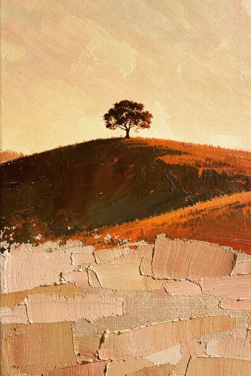 Oil painting of a dark silhouetted tree on a green-to-orange hill under a beige-orange sky, with thick textured beige impasto layers at the base.