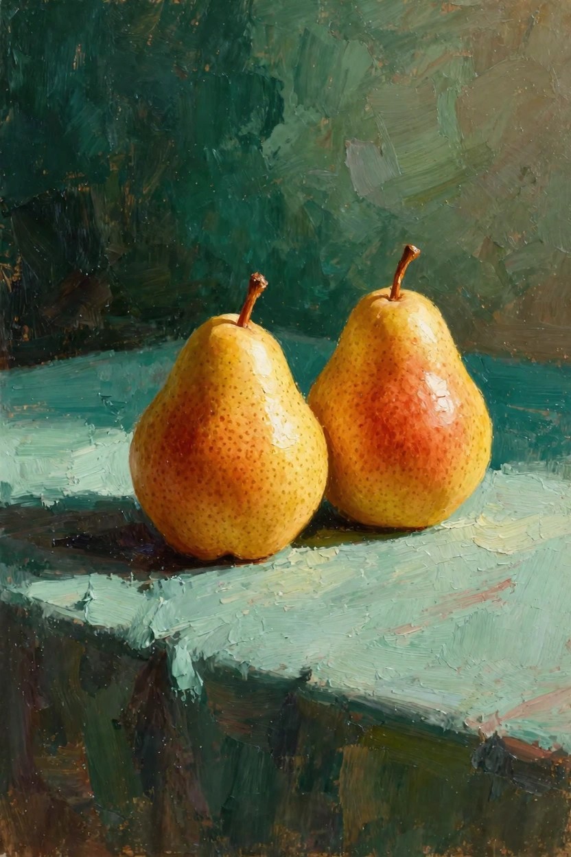 Oil painting of two pears with yellowish-orange skin and red blush sitting side by side on a teal green surface with a dark green background.