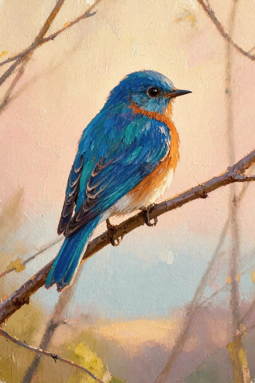 Oil painting of a mountain bluebird perched on a thin branch against a soft blurred background in warm peach and yellow tones.