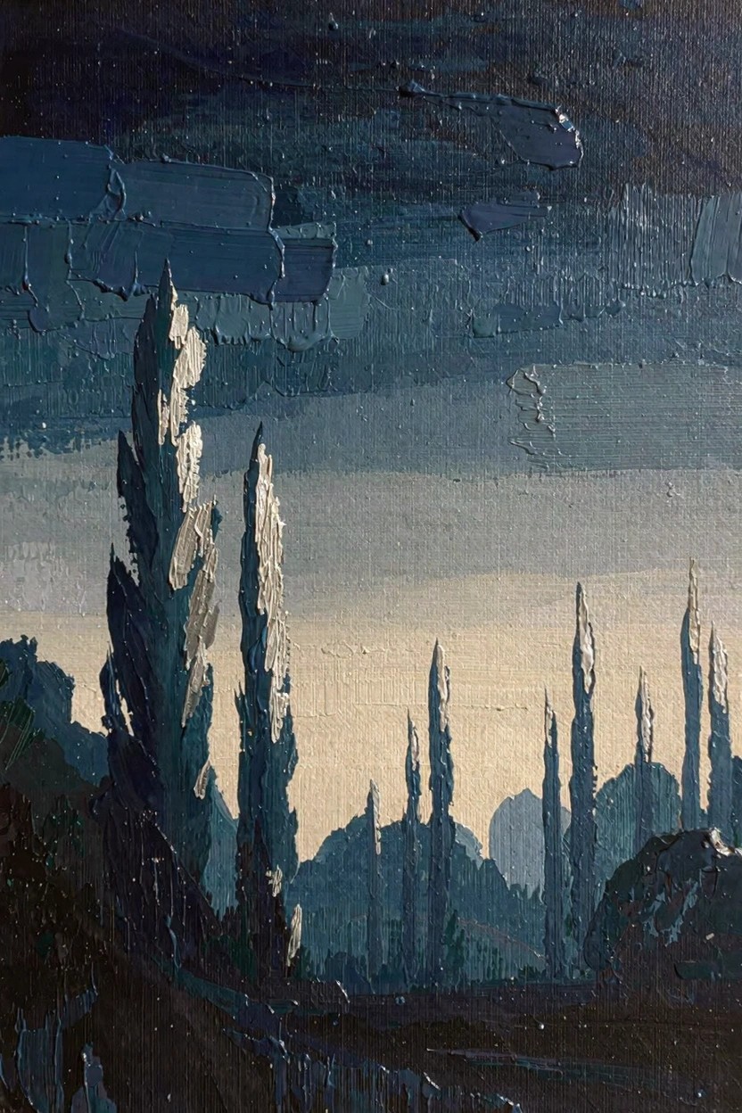 Oil painting of tall slender white-barked poplar trees silhouetted against a textured dark blue-gray sky with distant hazy hills.