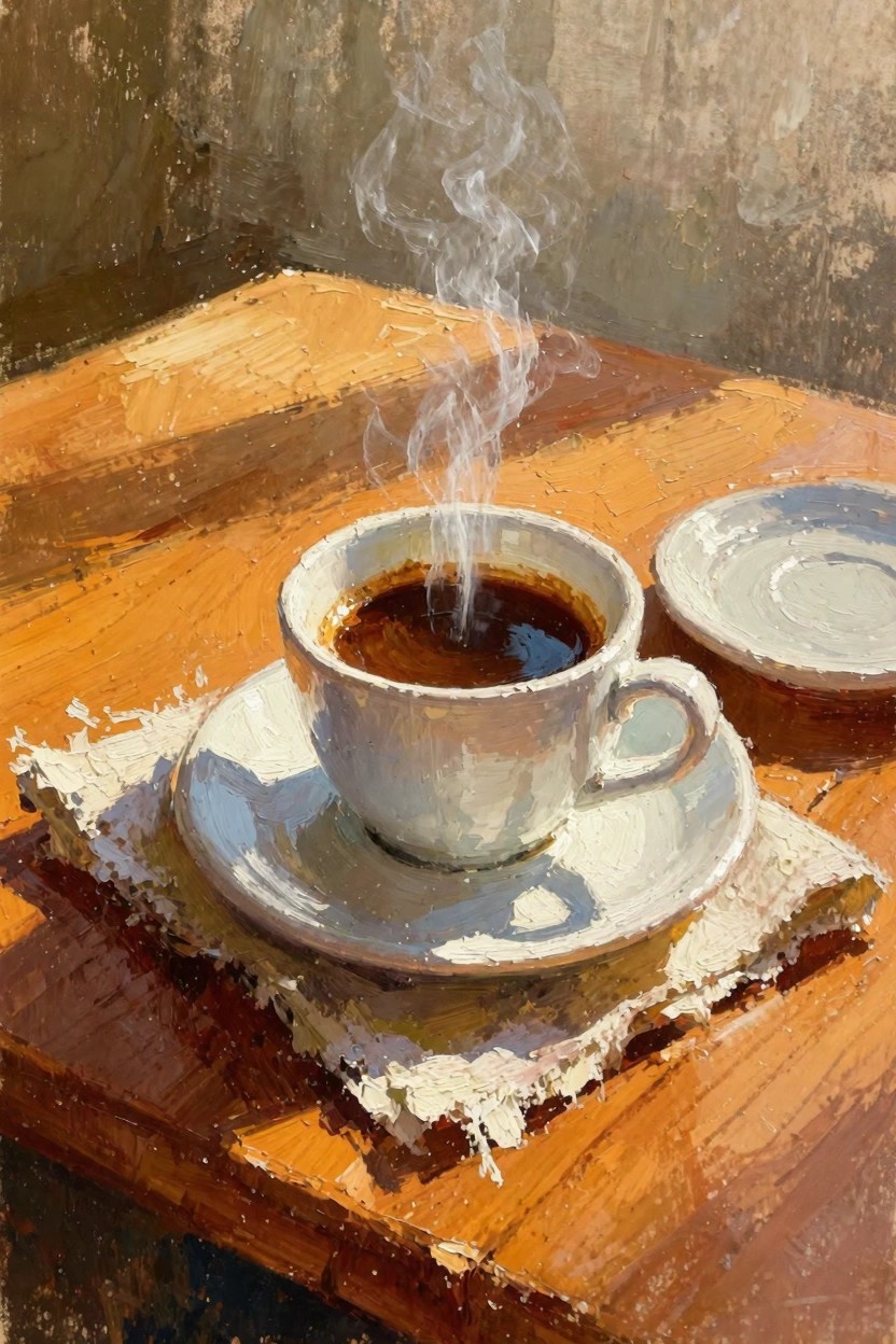 Oil painting of a white cup filled with black coffee and rising steam, on a saucer with napkin atop a wooden table against a textured wall.