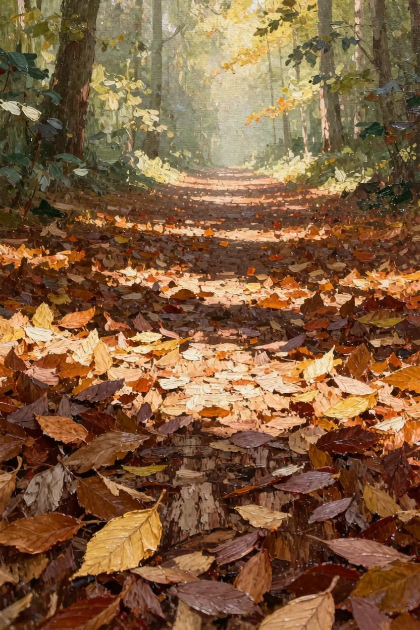 Oil painting of a forest path covered in colorful autumn leaves with sunlight streaming through the trees.