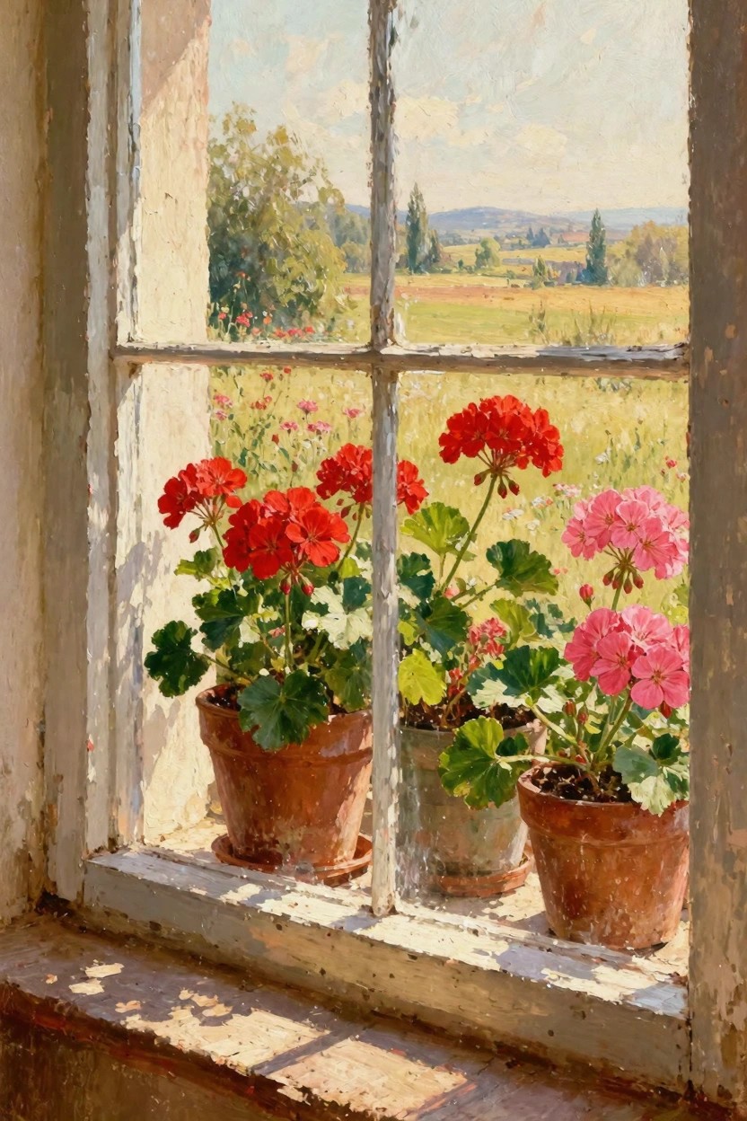 Oil painting of red and pink geraniums in clay pots on a sunlit windowsill, viewed through an old white window frame to a golden countryside landscape.