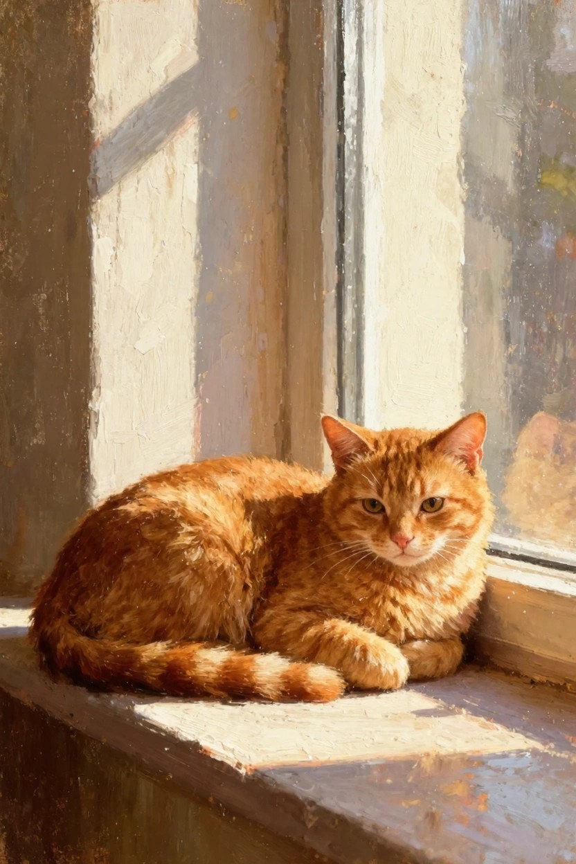 Oil painting of a ginger tabby cat sitting on a sunlit windowsill gazing outward with shadows on the wall.