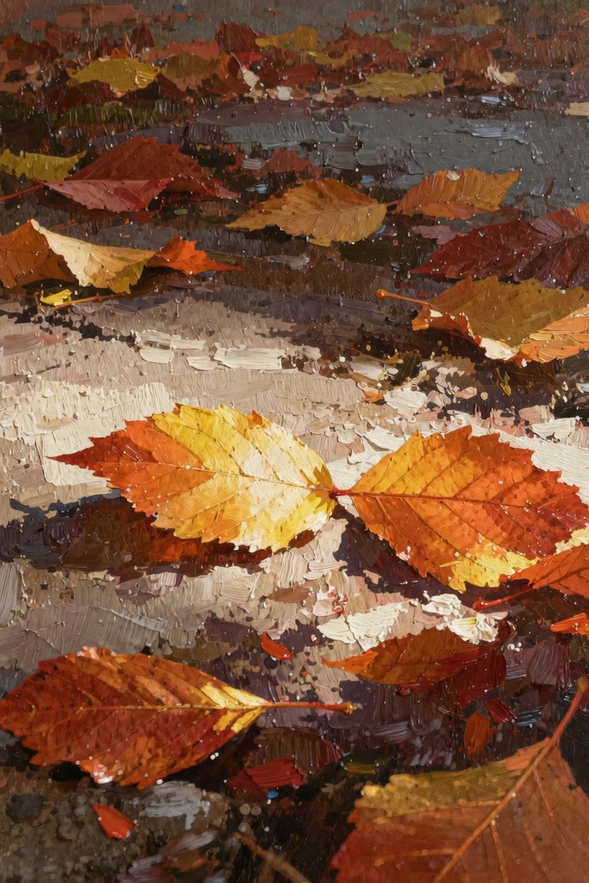 Oil painting of colorful autumn leaves scattered on wet gray pavement with heavy textured brushwork and shadows.