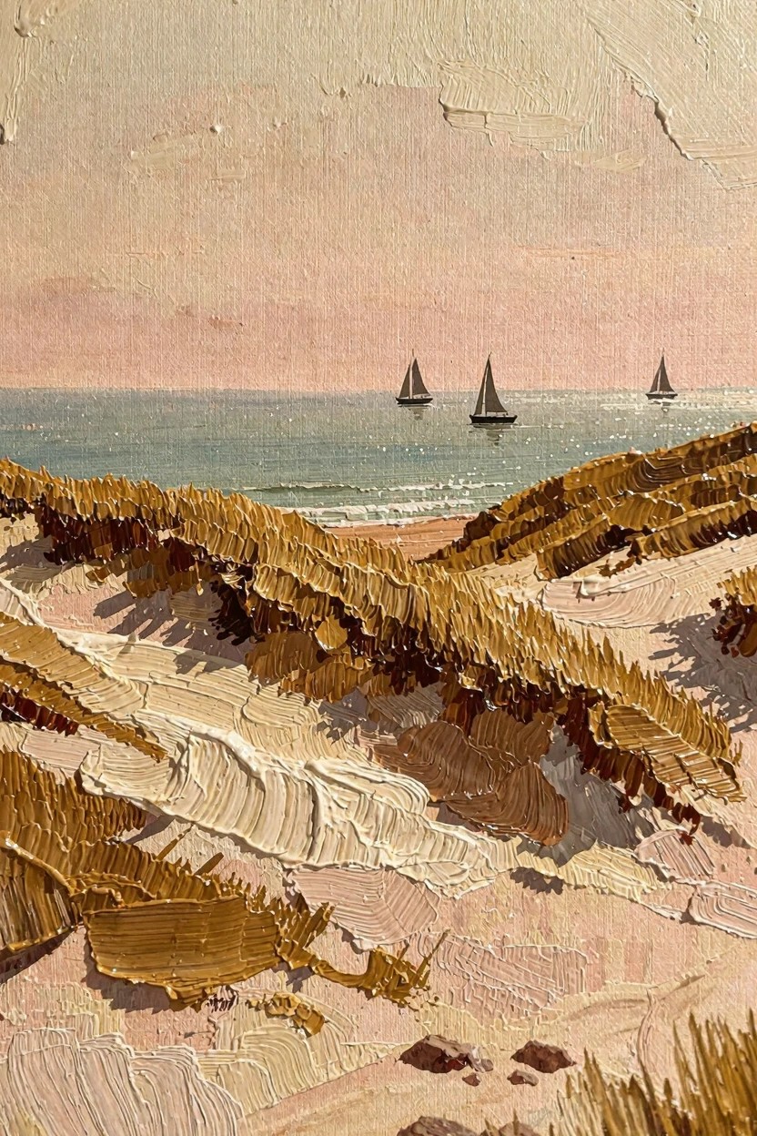 Oil painting of textured golden dunes with grass overlooking a beach, green sea with distant sailboats, and warm pinkish sky.
