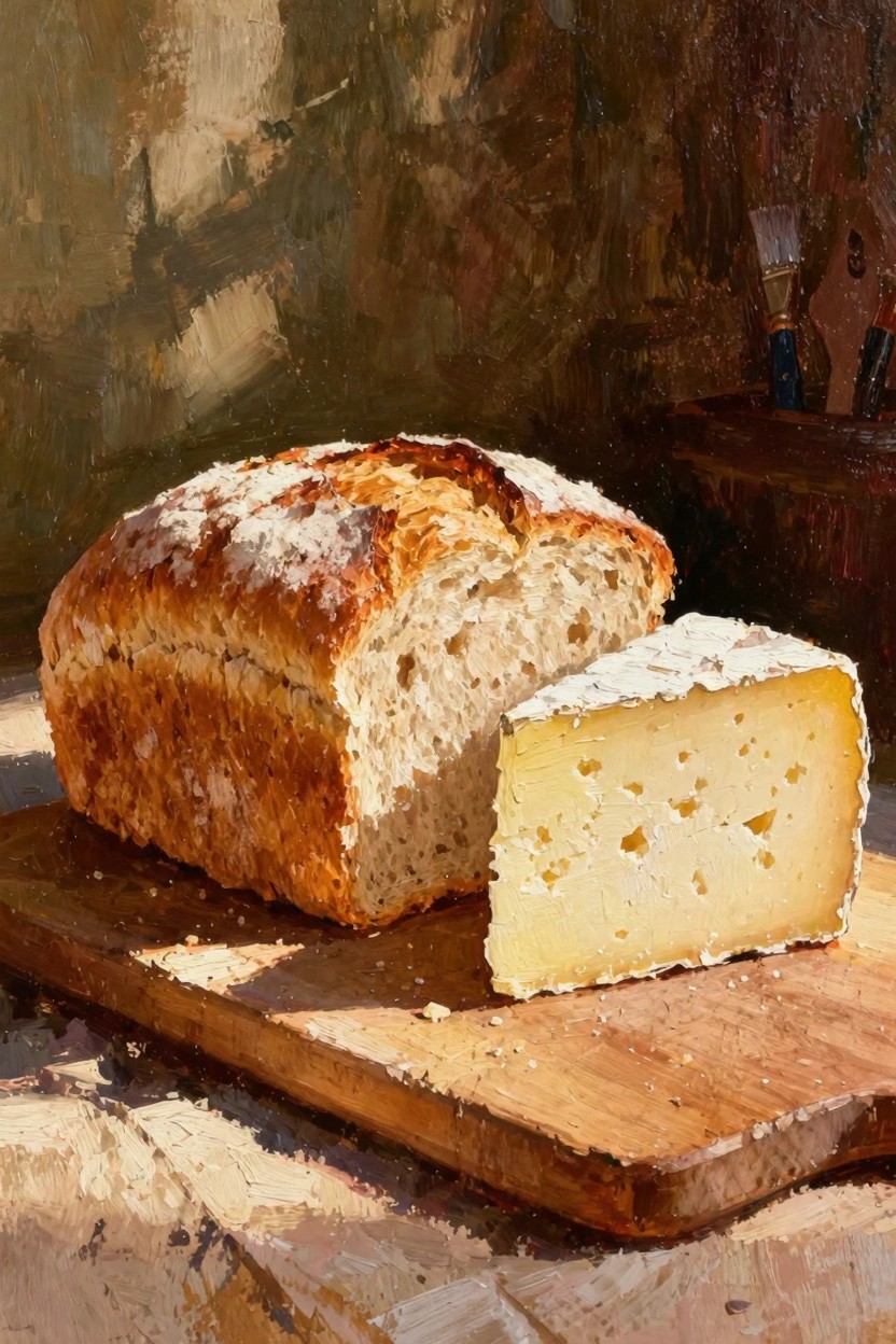 Oil painting of a flour-dusted sliced bread loaf and wedge of holey white cheese on a wooden board in a textured studio setting.