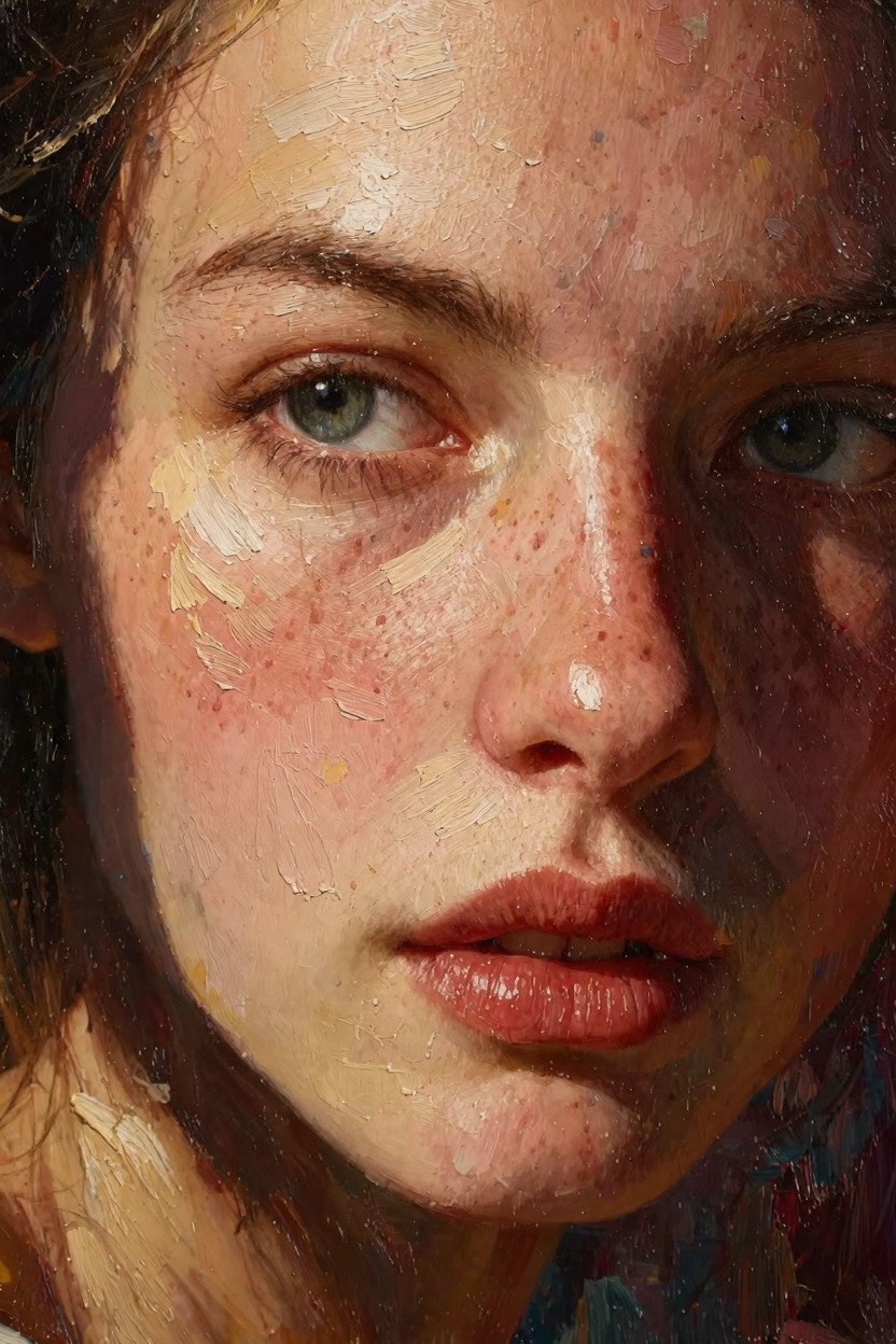 Close-up oil painting of a young woman's freckled face with green eyes, parted lips, wavy brown hair, and textured brushwork.