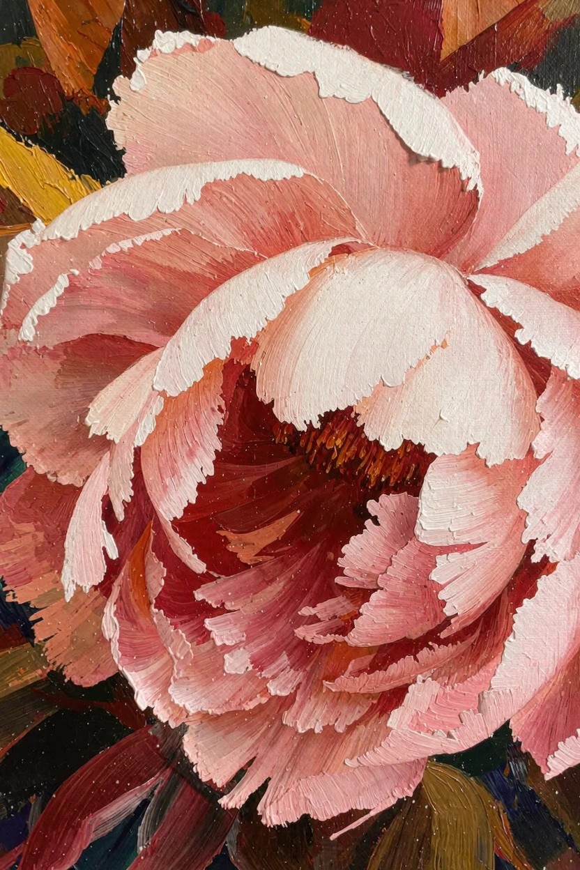 Close-up oil painting of a pink peony flower with ruffled white-edged petals and textured impasto brushwork on a dark background.
