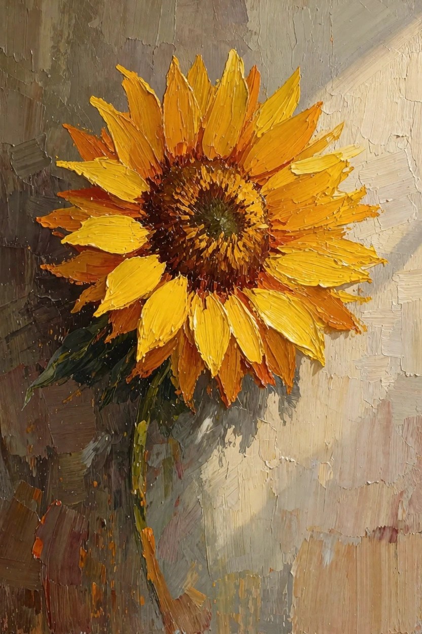 Oil painting of a single yellow sunflower with thick impasto petals and textured beige-gray background under side lighting.