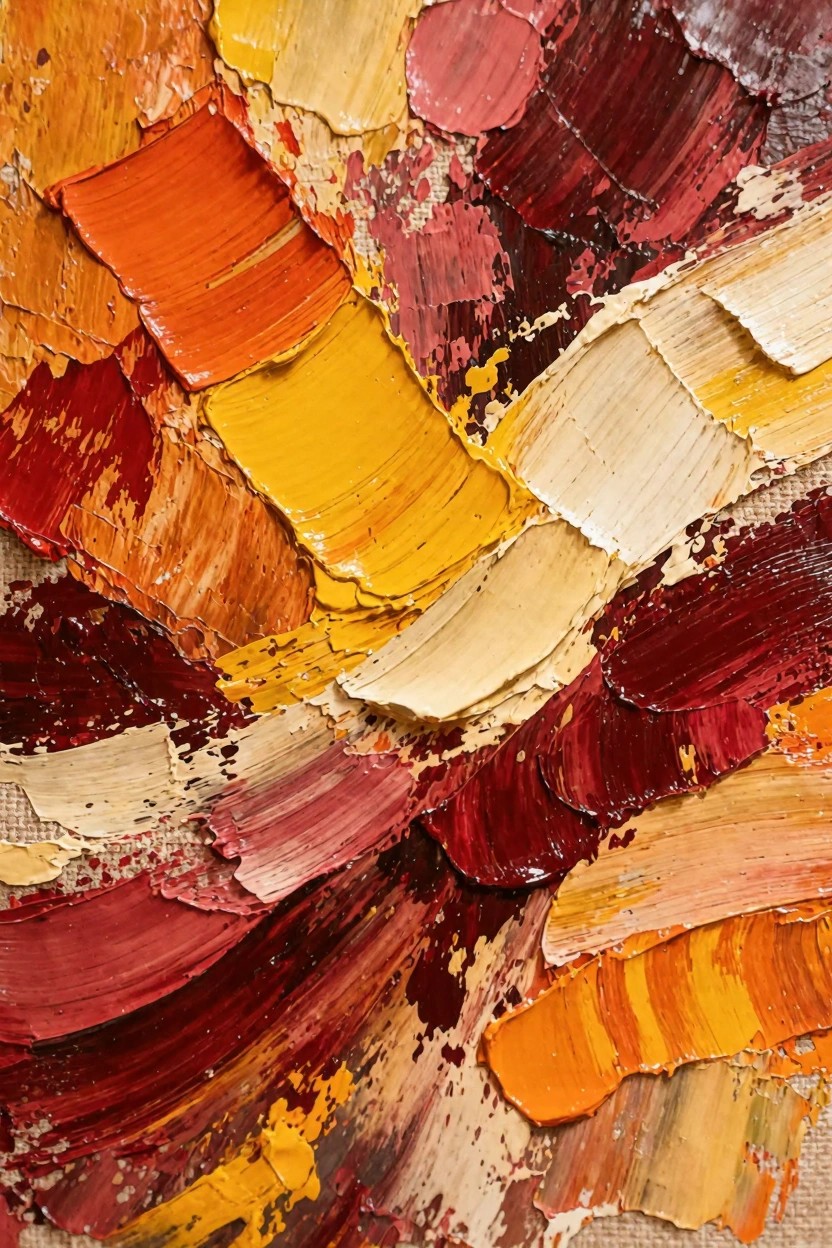 Close-up of an abstract oil painting featuring thick, textured impasto strokes in oranges, yellows, reds, and creams on canvas.
