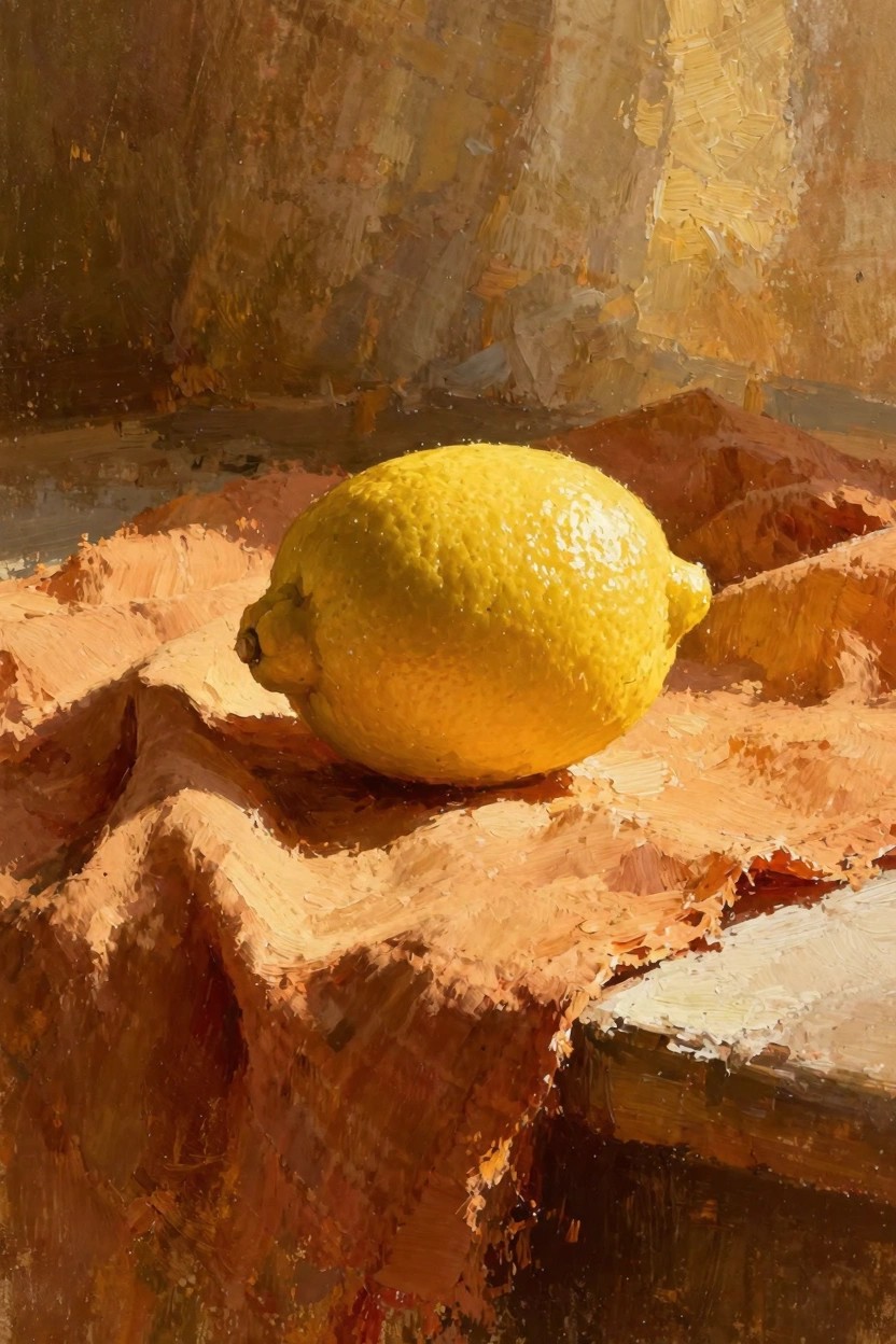 Oil painting of a yellow lemon on orange fabric with textured brushstrokes, warm lighting, and blurred background.
