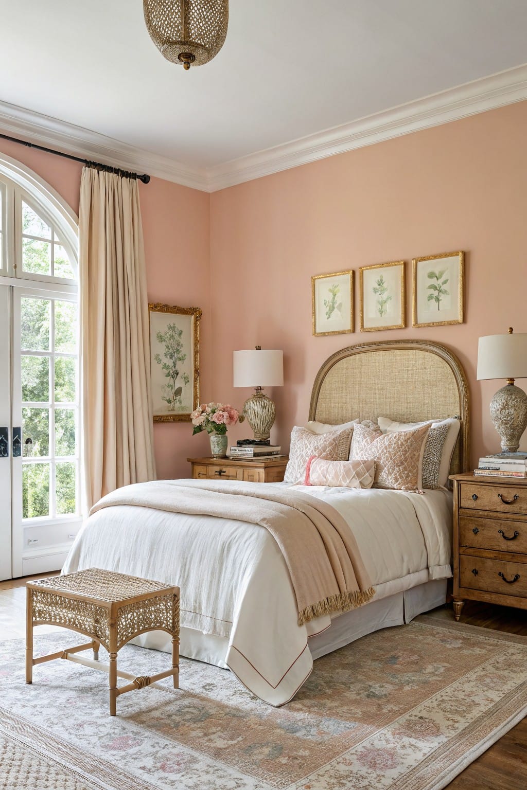 Cozy bedroom with blush pink walls, rattan headboard, botanical prints, wood furnishings, and French doors to outdoors