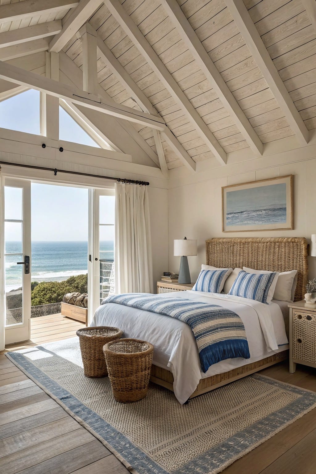 Bright, beachy bedroom with a king-sized bed, white linens, and ocean views.