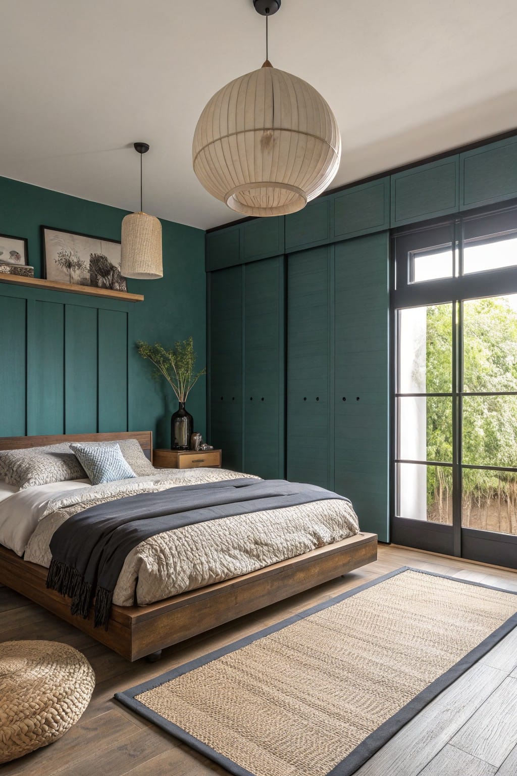 Modern bedroom with deep green paneled walls and matching wardrobe doors, wood bed with neutral bedding, seagrass rug, and hanging pendant lights