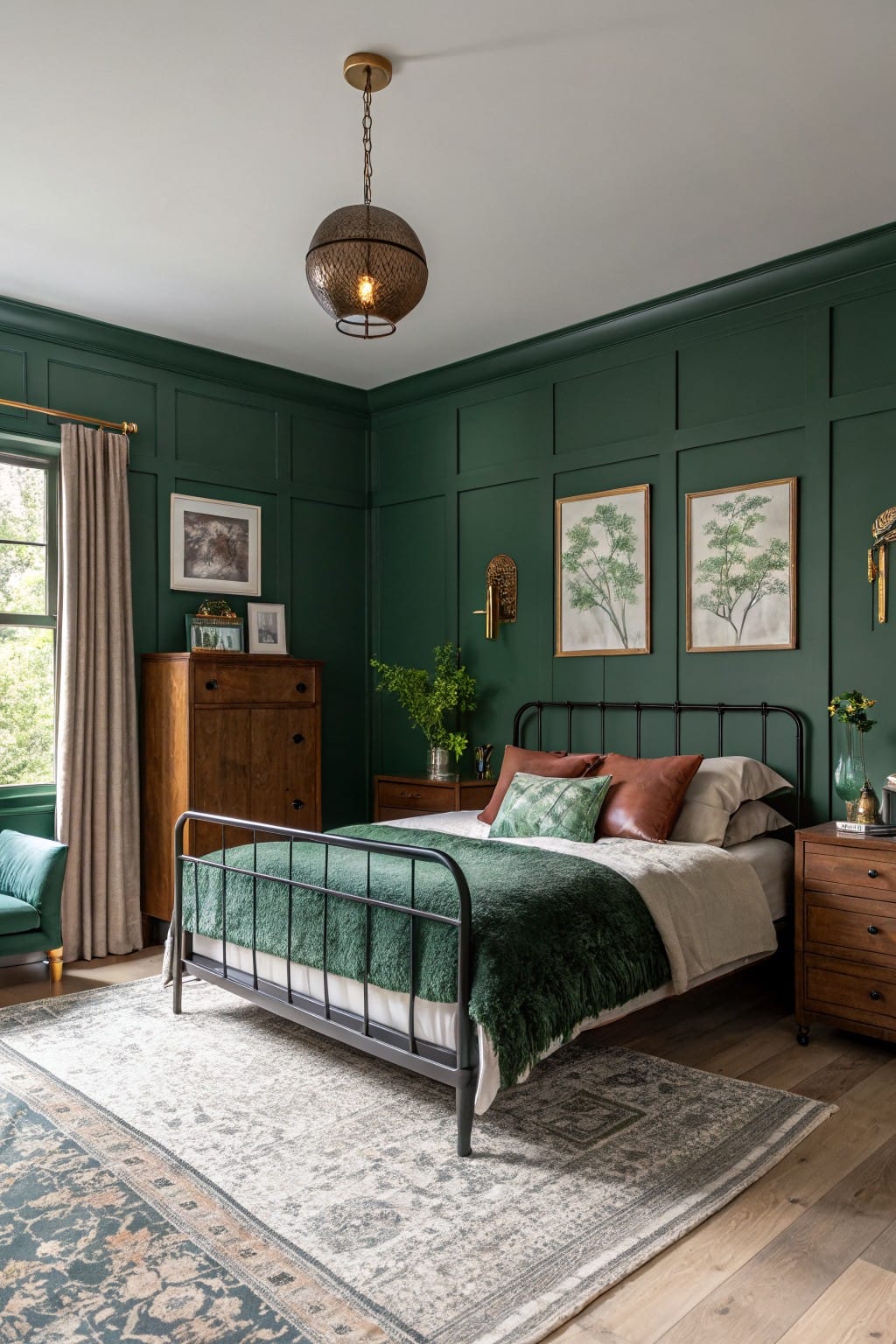 Cozy green bedroom with a metal bed, wooden furniture, and artwork on dark walls.