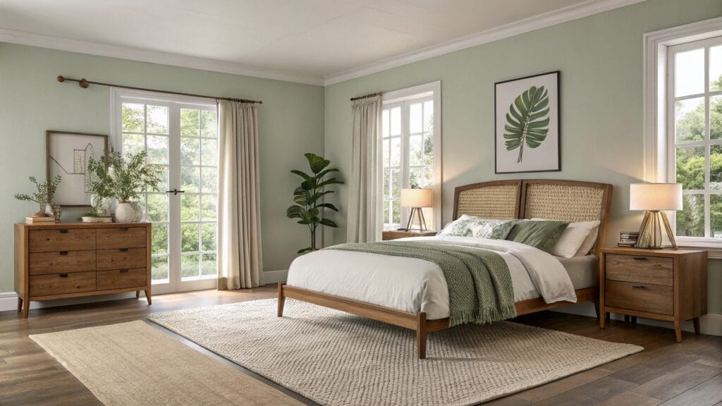 Bedroom with pale sage green walls, rattan headboard on wood bed, potted plants, and seagrass rug on light wood floors