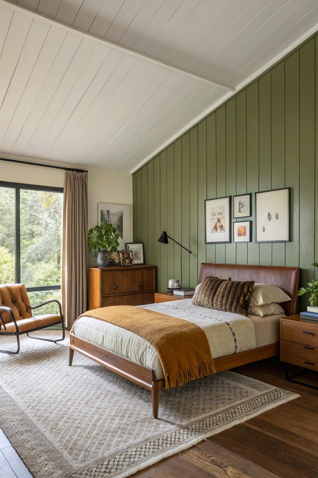 Bedroom featuring muted sage green vertical paneled wall, wood bed frame with tan bedding, orange armchair, and large window with trees outside