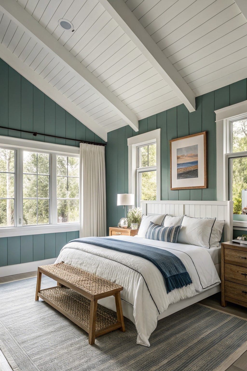 Modern bedroom featuring muted teal shiplap walls, white paneled ceiling with beams, large triple windows with white curtains, king bed with white linens and blue throw, wood nightstands, rattan bench, and striped area rug