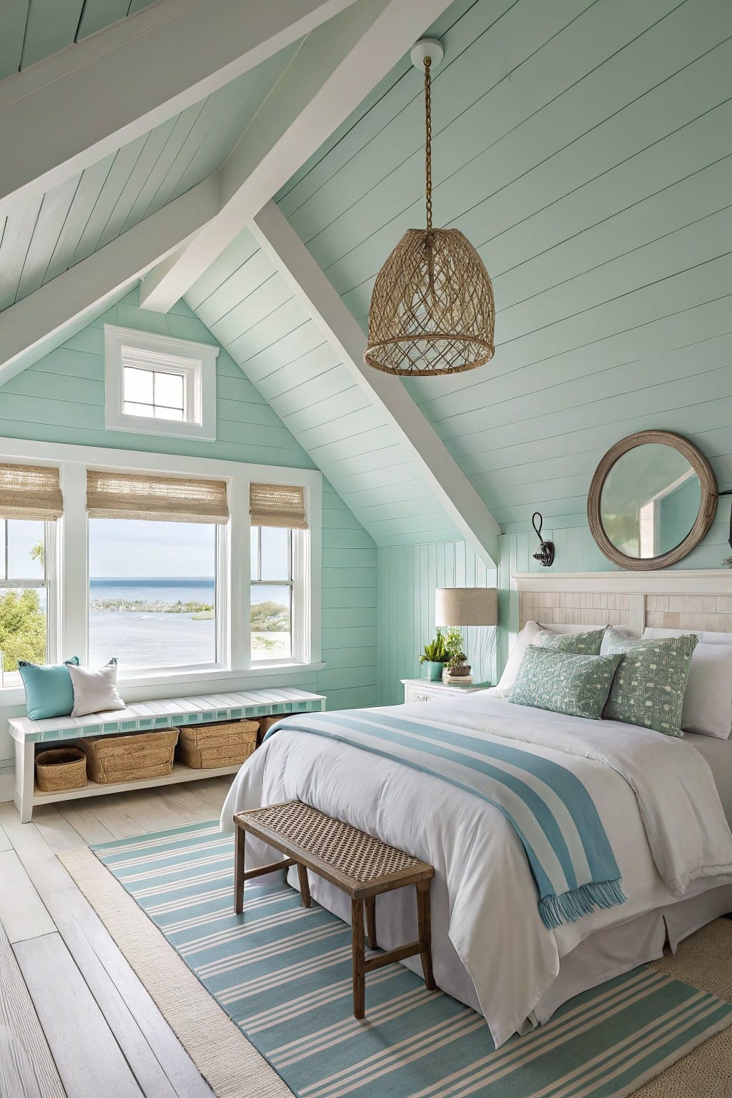 Bright coastal bedroom with teal walls, white bedding, and a woven pendant light.