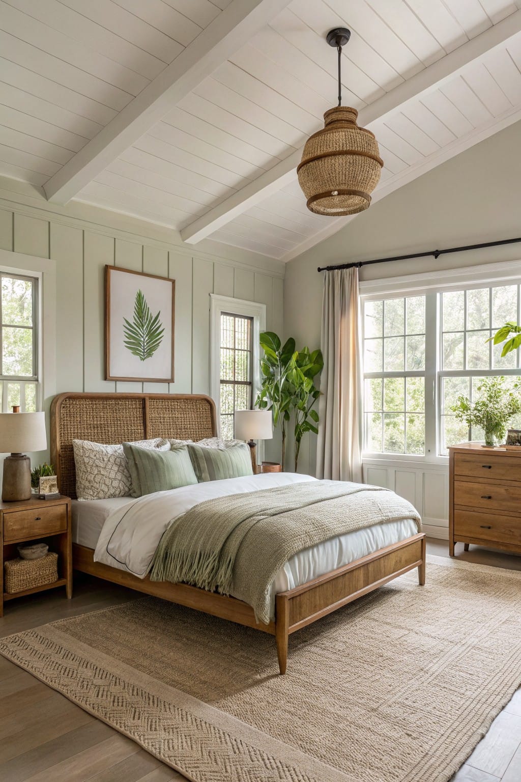 Bedroom with pale sage green walls, rattan headboard on wood bed, potted plants, and seagrass rug on light wood floors