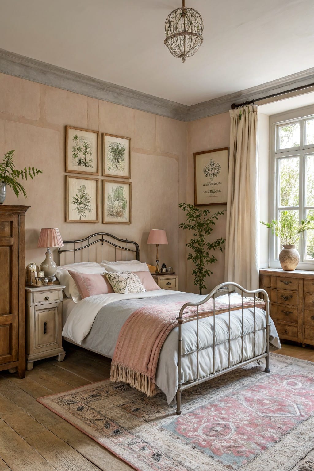 Cozy bedroom featuring soft beige plaster walls, vintage iron bed with pink and white bedding, wooden dressers, botanical prints, and large window with greenery