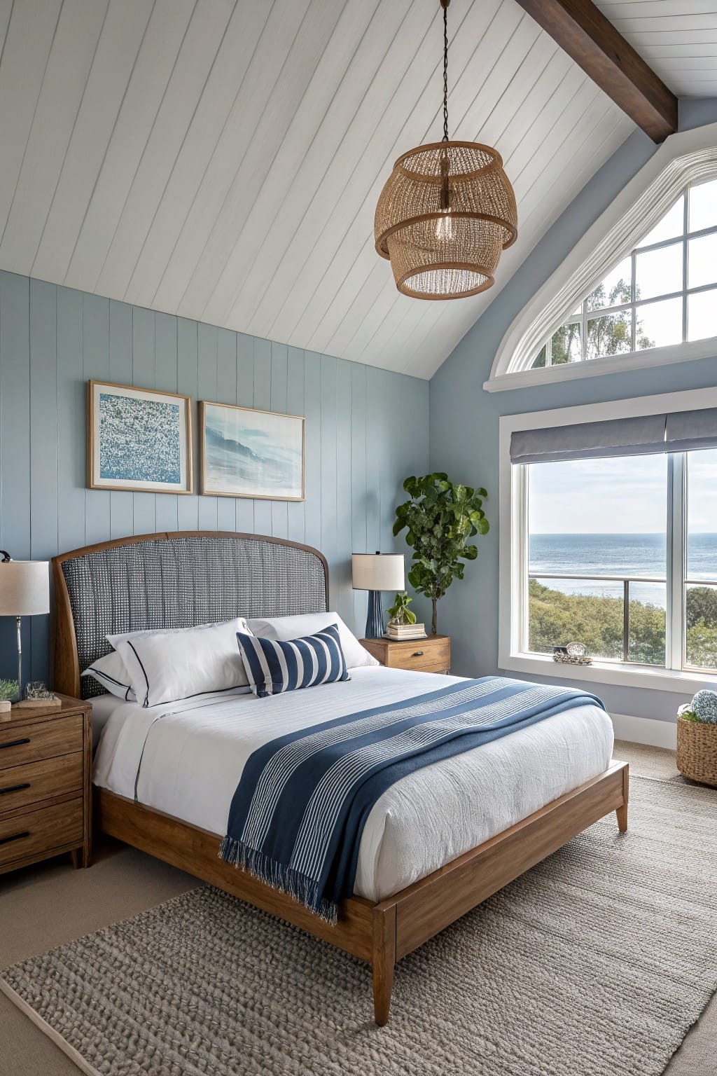 Serene bedroom featuring soft blue-gray plank walls, wooden bed frame with navy accents, rattan pendant light, and ocean view window