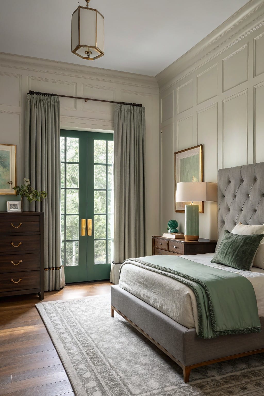 Modern bedroom featuring soft greige paneled walls, tall green French doors with gray drapes overlooking trees, gray tufted bed with green throw, wood dressers, brass lamp, and patterned rug on hardwood floors