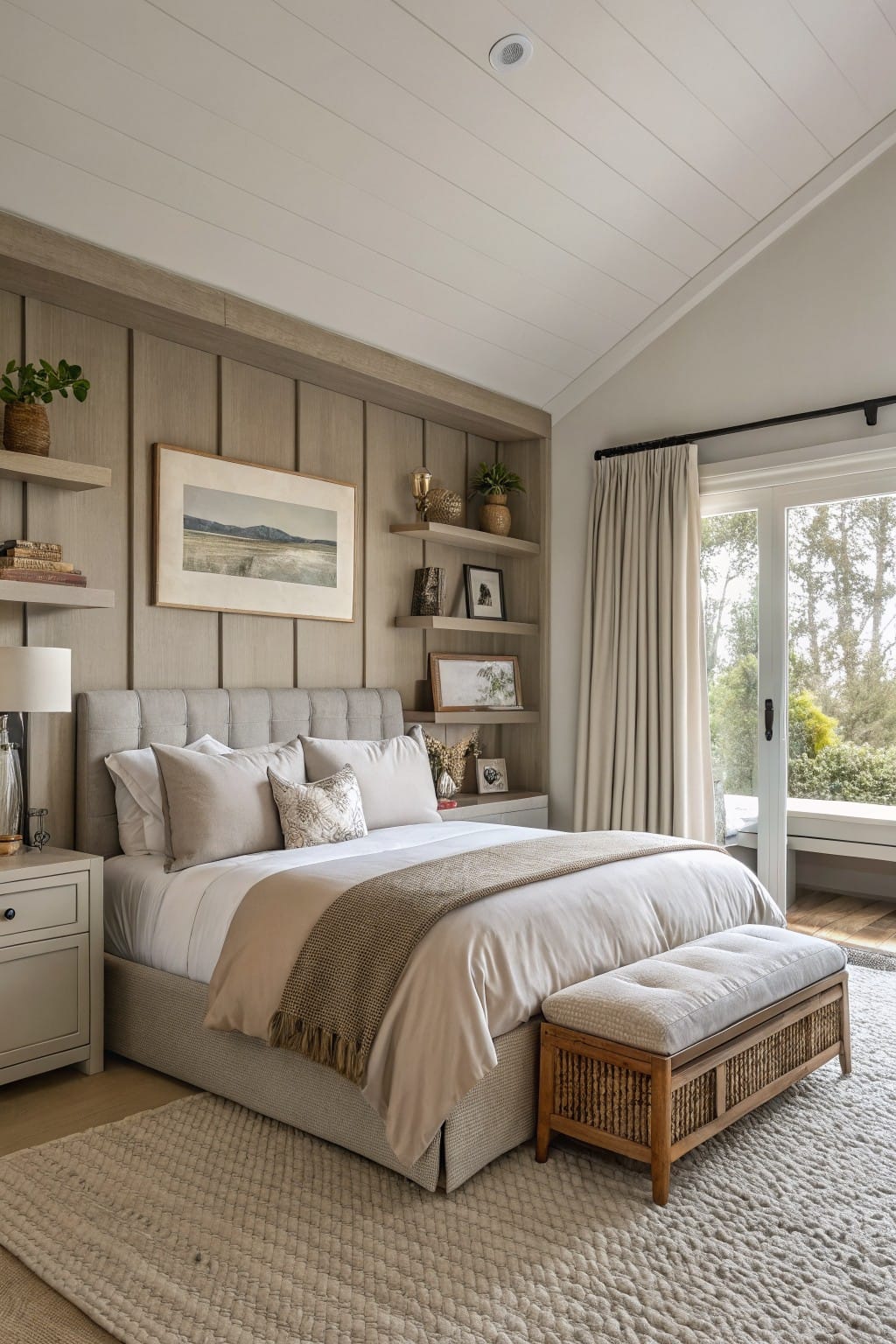 Cozy modern bedroom featuring soft greige paneled accent wall with floating shelves, tufted gray upholstered bed, neutral bedding, and sliding doors to wooded view