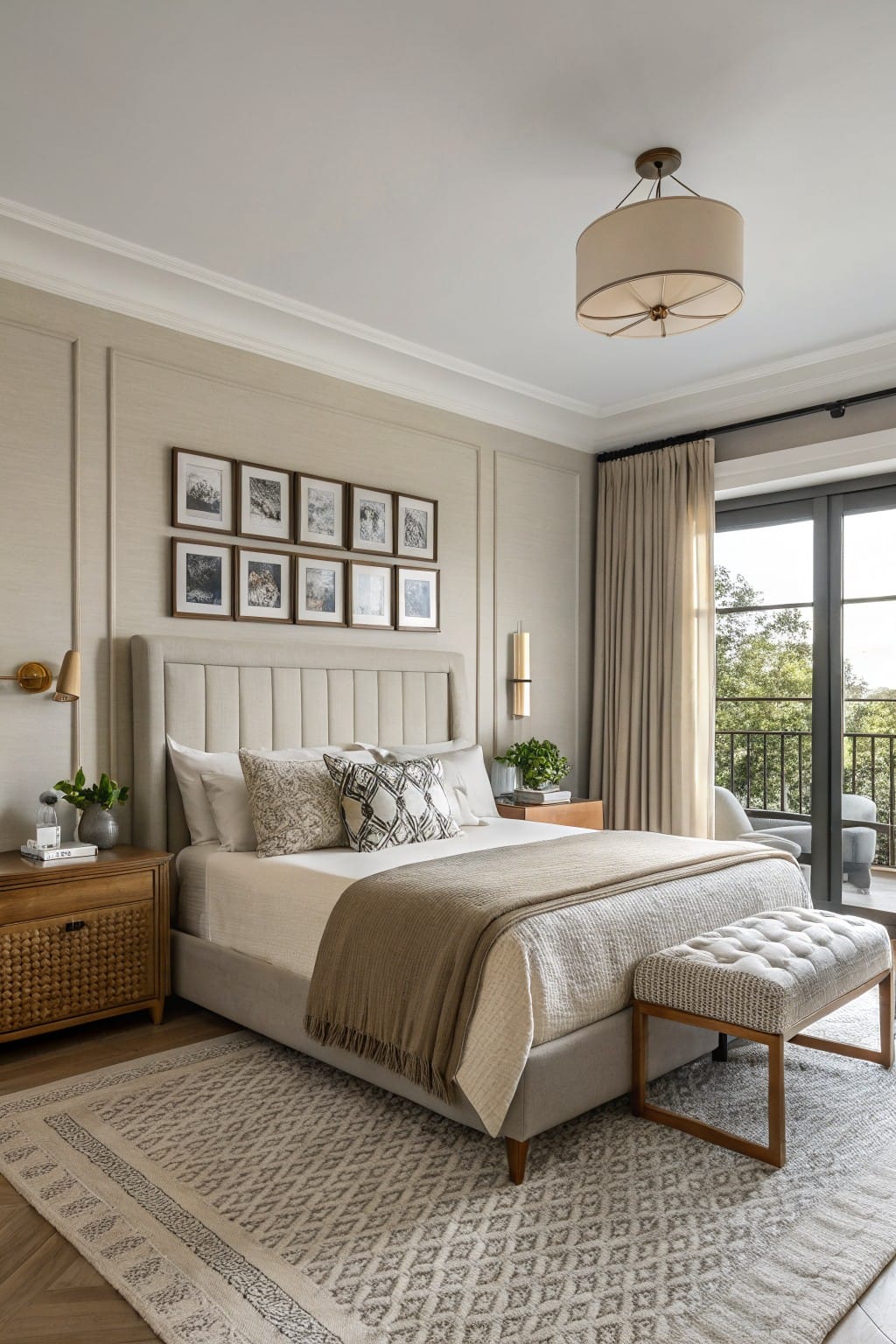 Modern bedroom with soft greige paneled walls, tufted beige bed, wood nightstand, beige rug, and balcony doors