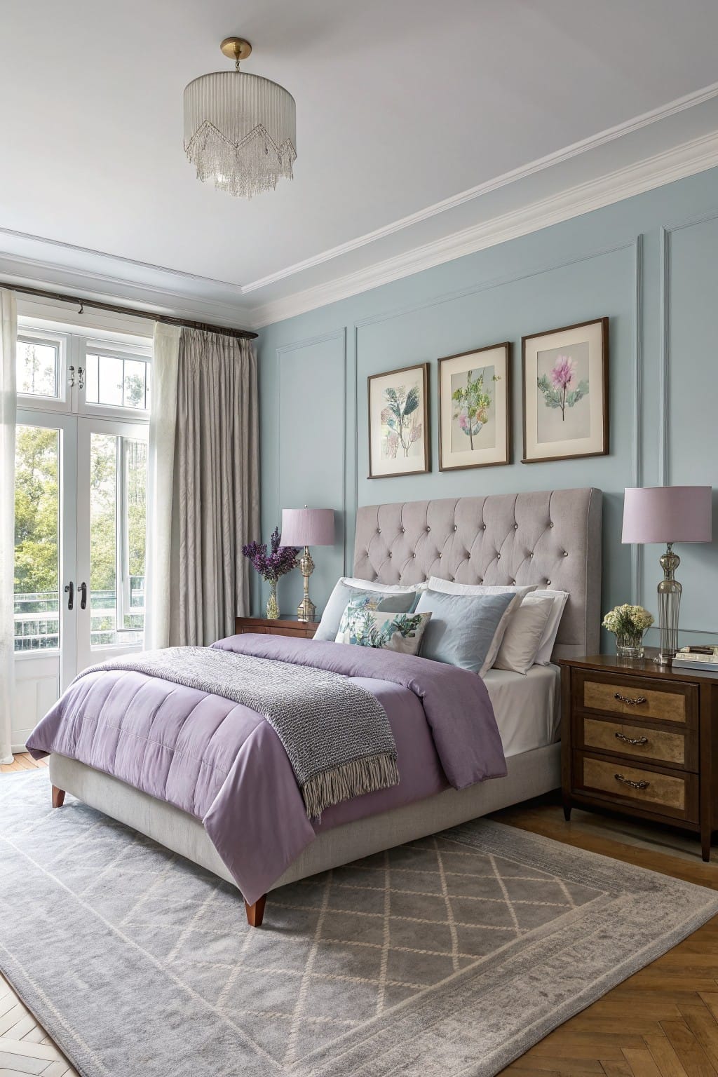 Bedroom with soft pale blue paneled walls, tufted gray bed, purple bedding, and wood accents