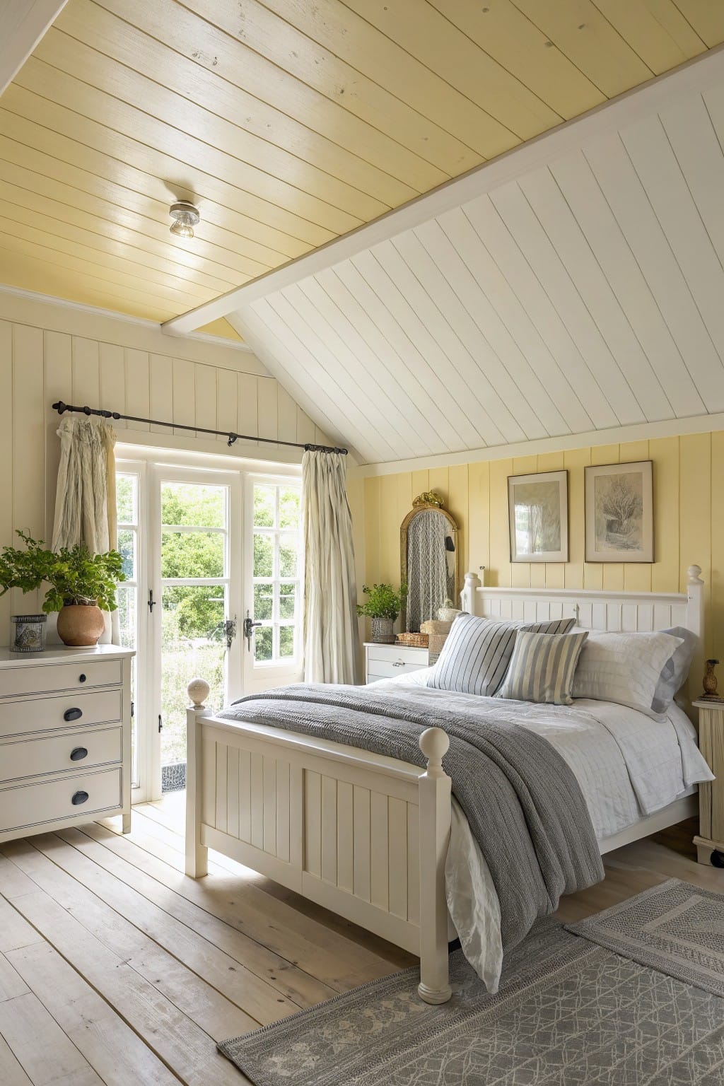 Bedroom with soft pale yellow painted walls and ceiling, white shiplap panels, oak floors, white wood bedframe, and French doors opening to a garden view