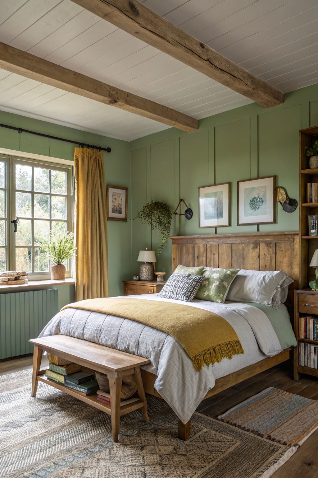 Bedroom with soft sage green paneled walls, wooden bed and beams, yellow throw blanket, and potted plants near window
