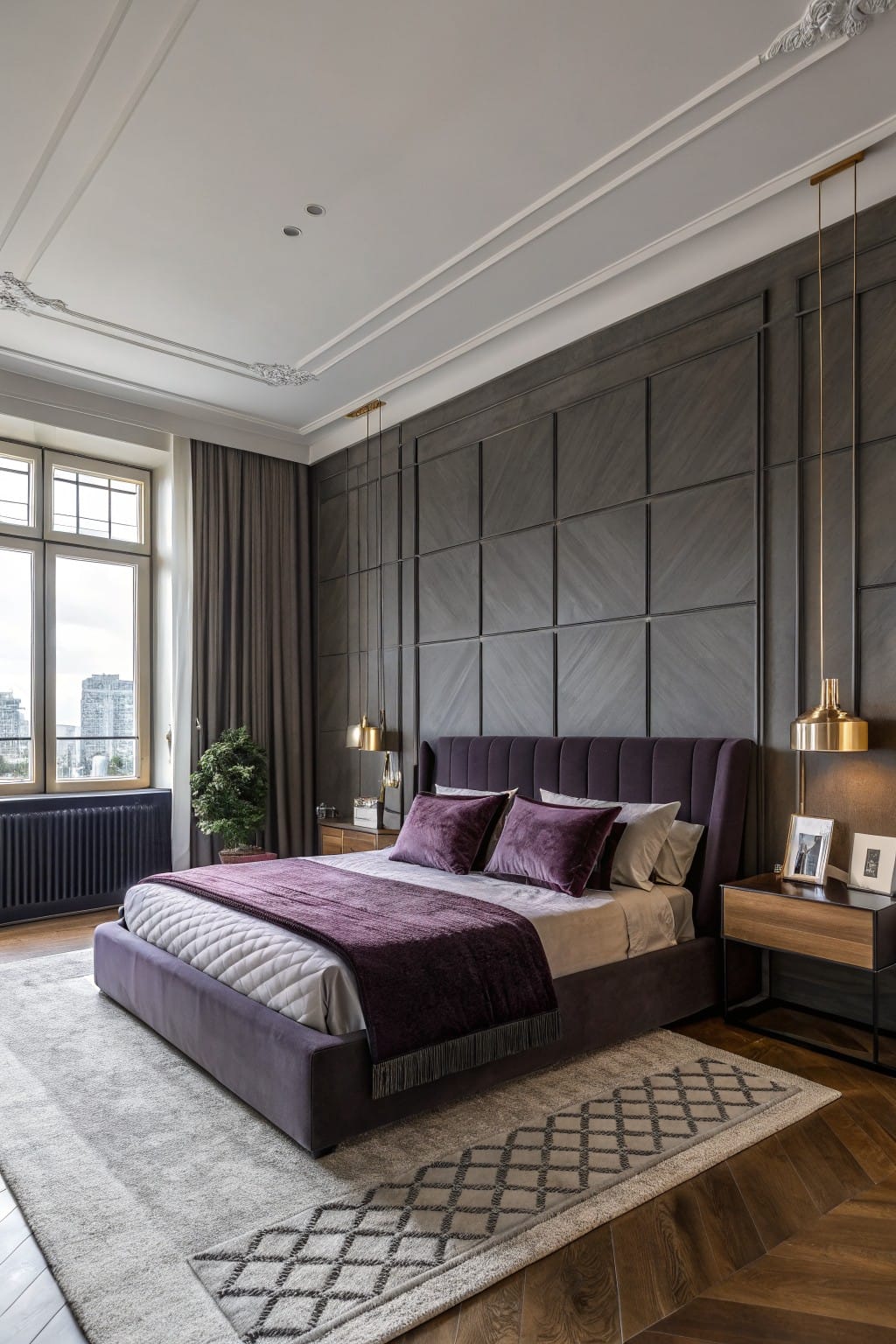 Elegant modern bedroom featuring warm charcoal gray chevron-paneled walls, plush purple bed, gold pendant lights, and herringbone wood floors