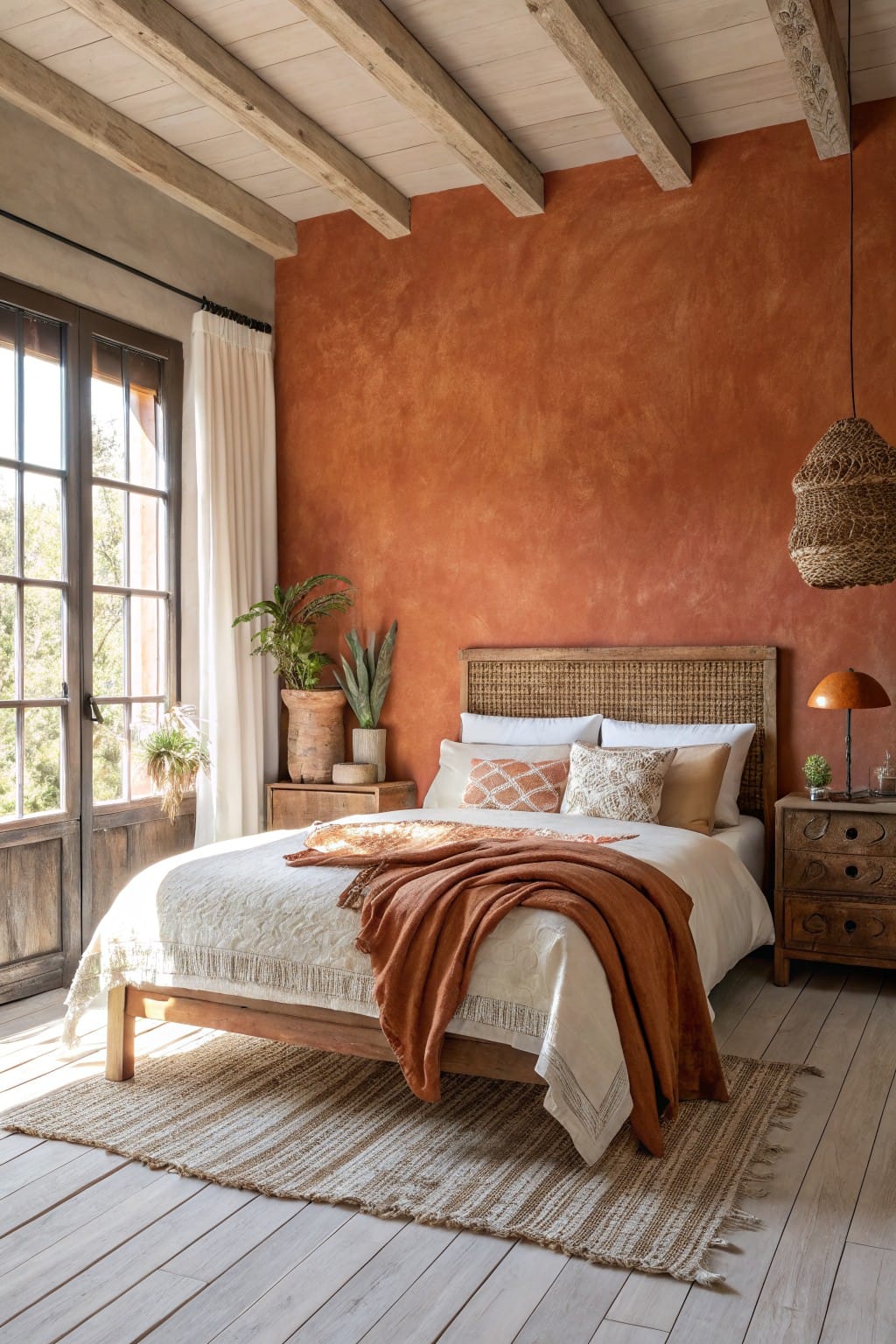 Bedroom featuring warm terracotta textured walls paired with a rattan bed frame, white linens, orange throw, wood nightstand, plants, and large windows letting in natural light