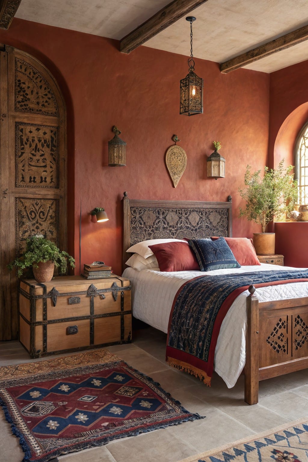 Bedroom interior with warm terracotta walls, carved wooden arch door and bedframe, indigo bedspread, brass lanterns, and potted plants