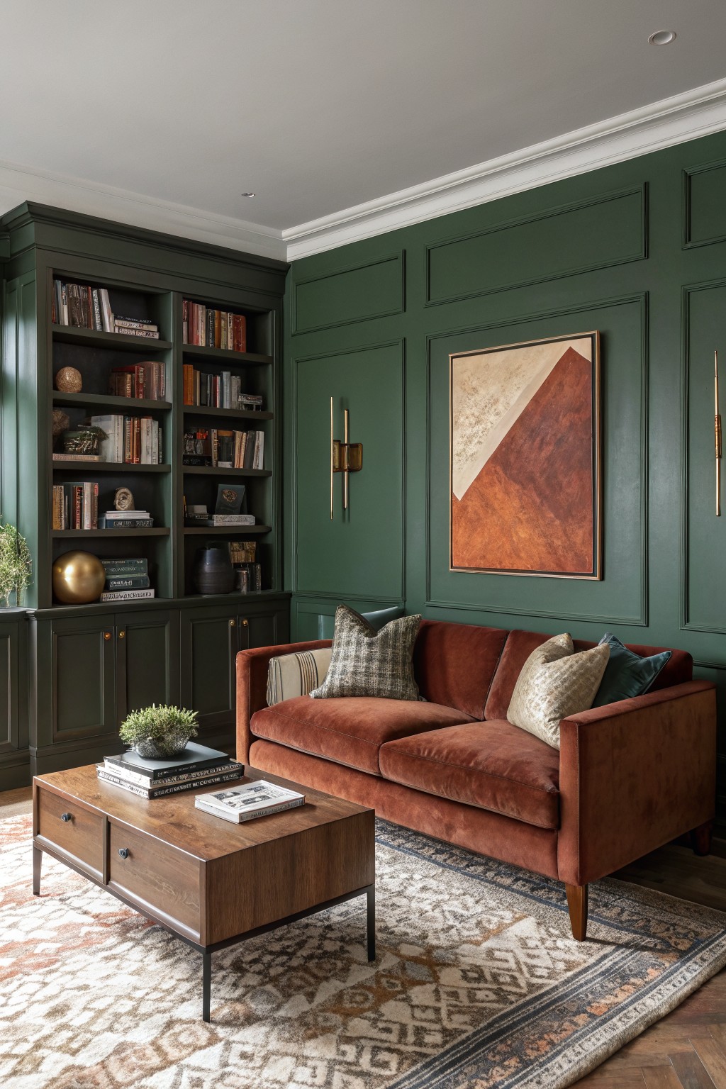 Living room with deep green paneled walls and matching bookshelves, rust velvet sofa, wood coffee table, and eclectic art on emerald walls
