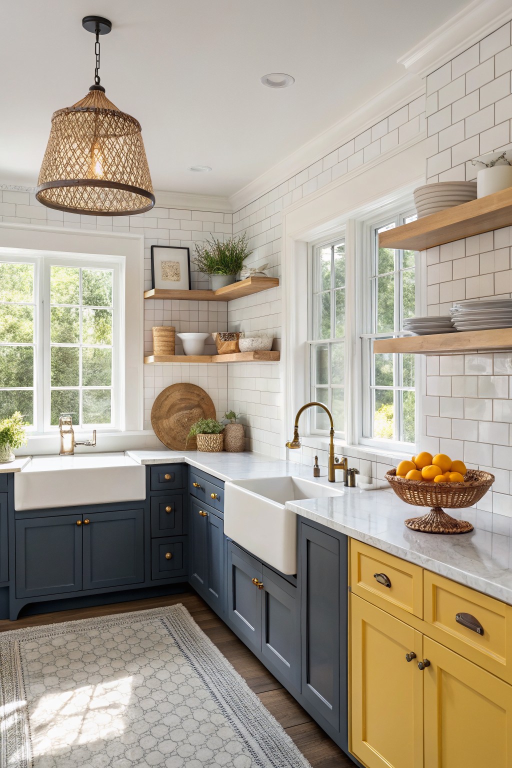 Kitchen featuring deep navy painted cabinets paired with mustard yellow cabinets, white subway tile backsplash, wood flooring, and open shelving