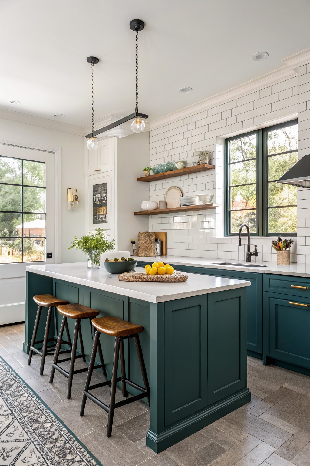 Modern kitchen island painted deep teal with wood barstools, white quartz top, subway tile backsplash, and large windows letting in natural light